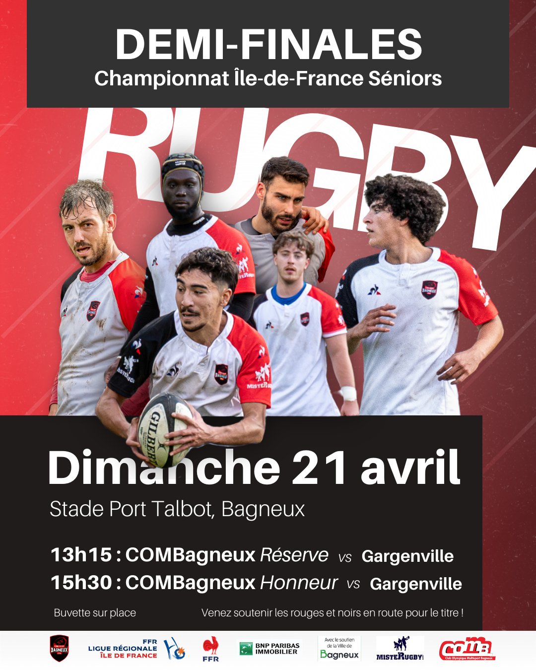 Affiche des demi-finales régionales de rugby séniors 2024. Le C.O.M.Bagneux affrontera le C.O Gargenville le Dimanche 21 avril 2024 au stade Port Talbot (Bagneux, 92) à partir de 13h.